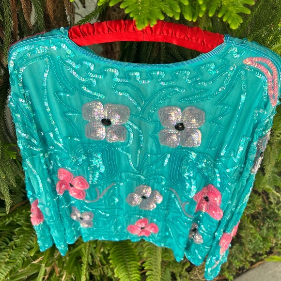 Turquoise Pink 100% Silk Floral Sequin Short Jacket | Hand Embroidered | Small - Picture 13 of 16